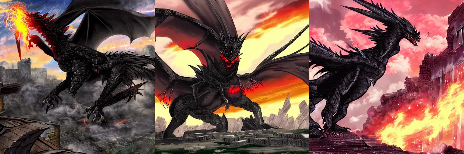 Prompt: Anime boss fight against a black dragon in a ruined city, digital art