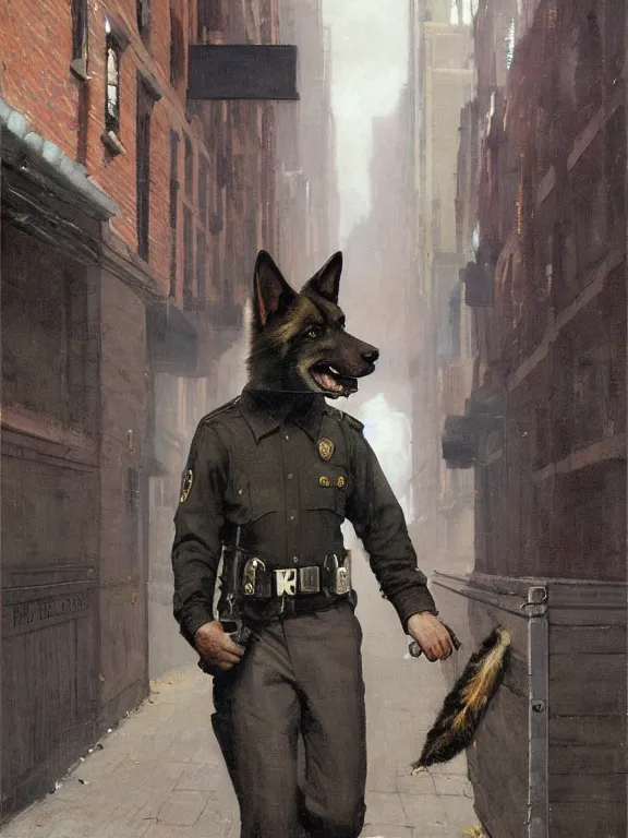 Image similar to new york city portrait of furry anthro anthropomorphic german shepard head animal person fursona wearing clothes nypd traditional police uniform in the alley, sunny day, digital art by Nerdrum John, William Waterhouse, Winslow Homer, Alex Heywood, Jordan Grimmer, Darren Quach, Greg Rutkowski, Simon Stalenhag, trending on Artstation, CGSociety