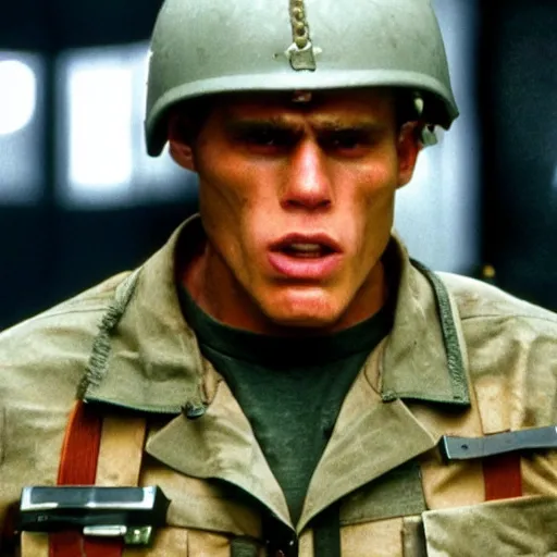 Image similar to Live Action Still of Jerma in Full Metal Jacket, real life, hyperrealistic, ultra realistic, realistic, highly detailed, epic, HD quality, 8k resolution, body and headshot, film still