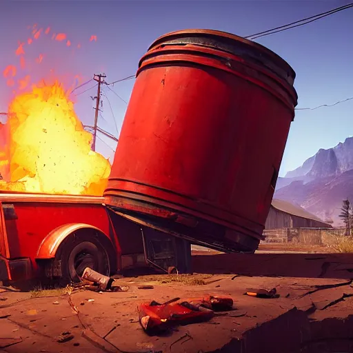 Image similar to red rusty oil - drum with a pack of dynamite on it's side in gta v, stephen bliss, unreal engine, fantasy art by greg rutkowski, loish, rhads, ferdinand knab, makoto shinkai and lois van baarle, ilya kuvshinov, rossdraws, tom bagshaw, global illumination, detailed and intricate environment