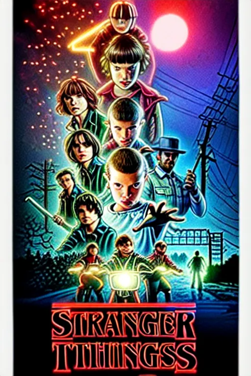 Prompt: Stranger Things Season 5 alternate poster, high resolution, hyper detailed, intricate, photorealistic, all cast members, netfilx !n-9