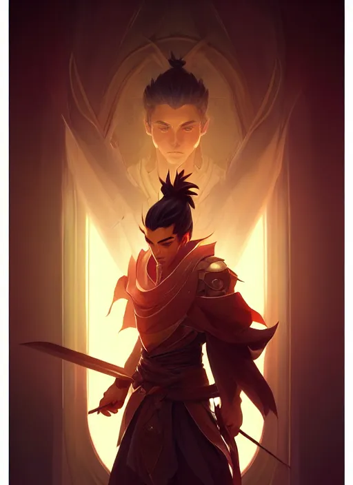 Image similar to symmetry!! portrait of yasuo, league of legends, glowing lights!! intricate, elegant, highly detailed, digital painting, artstation, concept art, smooth, sharp focus, illustration, art by artgerm and greg rutkowski and alphonse mucha