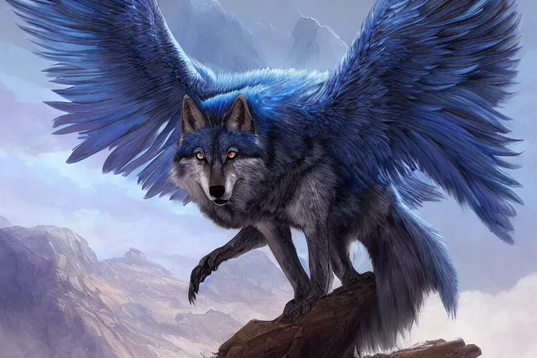 Image similar to Blue feathered wolf with wings on a beautiful fantasy landscape, hills, mountains, moonlit, HD, illustration, epic, D&D, fantasy, intricate, elegant, highly detailed, digital painting, artstation, concept art, smooth, sharp focus, illustration, art by artgerm and greg rutkowski and alphonse mucha