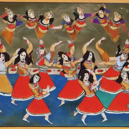 Prompt: a persian miniature painting, cheerleaders dancing, high detail, high quality, hd