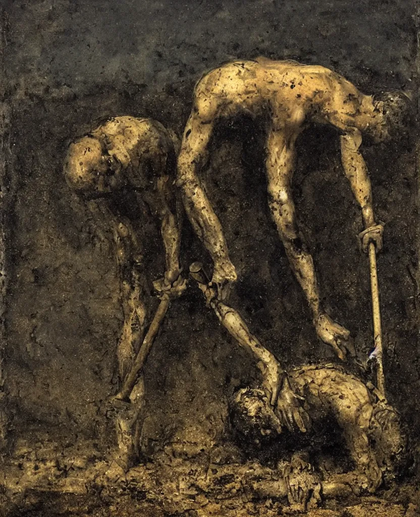 Prompt: a man with a shovel standing digging up a grave with a dead body, by Nicola Samori, painting, 8k, high detail, subtle blue, orange, and dark green tones, high quality, high detail, dark colors, sinister atmosphere, dramatic lighting, cinematic, establishing shot, extremely high detail, photo realistic, cinematic lighting