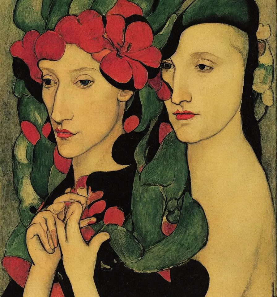 Image similar to portrait of female elf transforming into a flower, by hans holbein and alexej von jawlensky