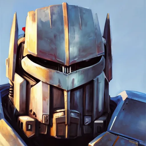 Image similar to greg manchess portrait painting of optimus prime as overwatch character, medium shot, asymmetrical, profile picture, organic painting, sunny day, matte painting, bold shapes, hard edges, street art, trending on artstation, by huang guangjian and gil elvgren and sachin teng