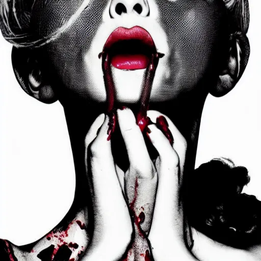 Prompt: lady gaga crying blood with snakes entering her mouth, in the art style of American horror story,