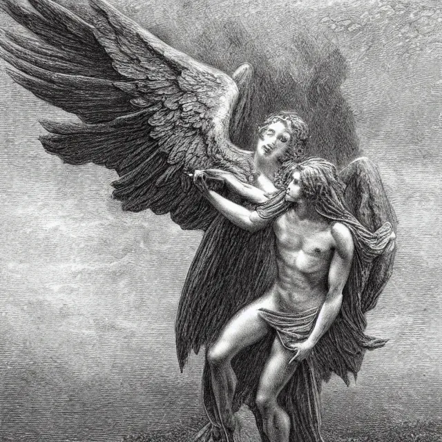 Image similar to fallen angel, pencil illustration by Gustave Dore