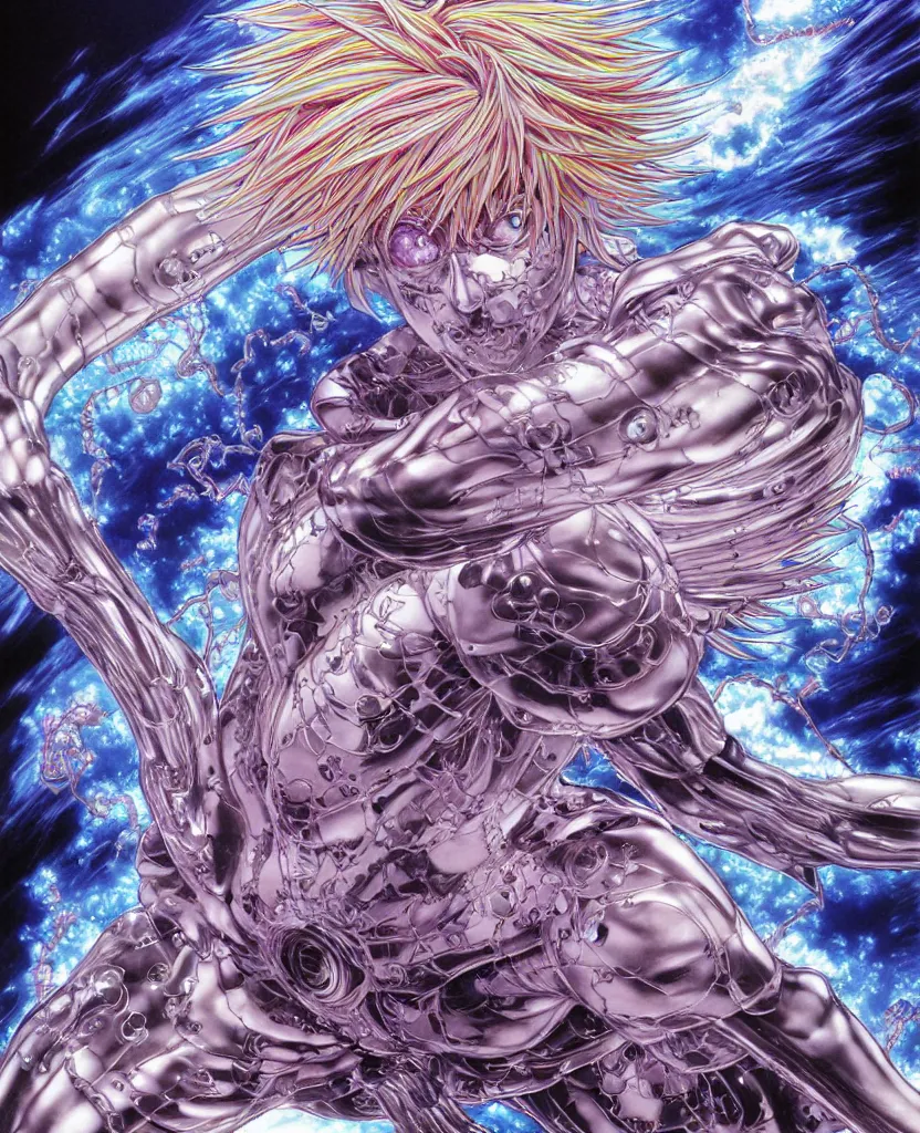 Prompt: symmetrical. realistic detailed image of ultra mega rainbow, realistic detailed male character, kaworu nagisa, depth perception, masterpiece, depth of field, action horror, gothic, vivid colors. art by yoshitaka amano, by yukito kishiro, by yoshiyuki sadamoto, by artgerm, by hajime sorayama