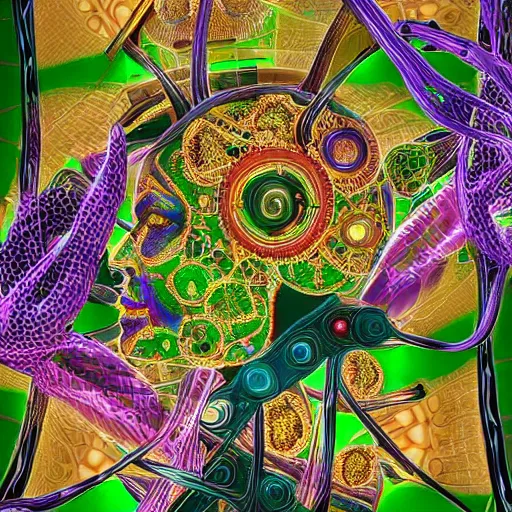 Prompt: multiple doctors connected to each other through their smartphones. a majestic a computer algorithm with heart and brain. digital painting, high detail, 8 k, intricate ornamental details, avant garde, vibrant iridescent colors, green magenta and gold, futuristic