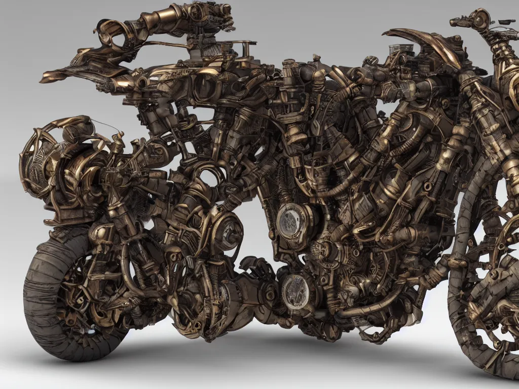 Prompt: a warforged steampunk superbike, realistic render, 4 k,