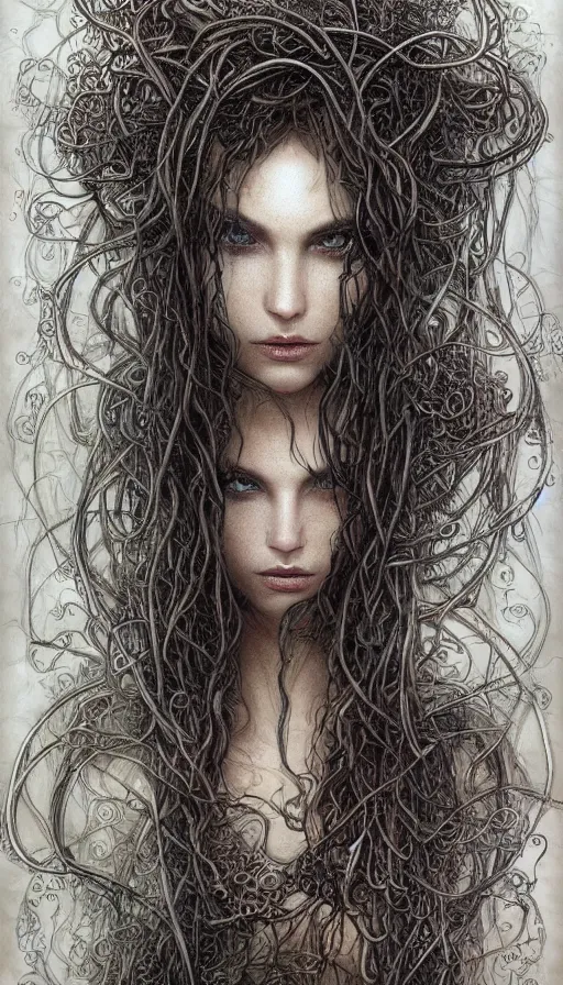 Image similar to very detailed portrait of a 2 0 years old girl surrounded by tentacles, the youg woman visage is blooming from fractal and vines, by luis royo,