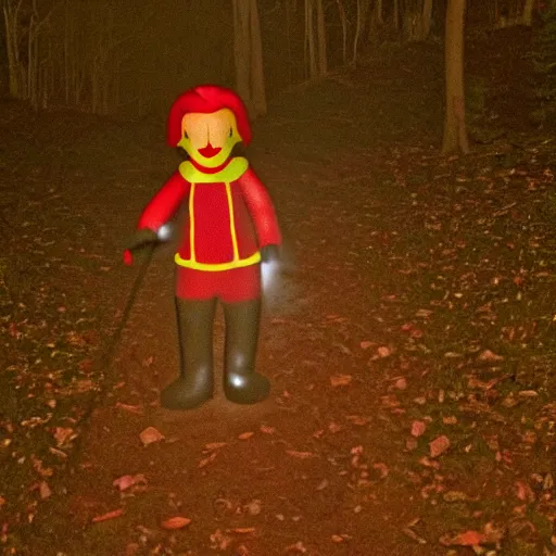 Prompt: ronald mcdonald caught on trail cam footage, cryptid, grainy and poor developed, at night