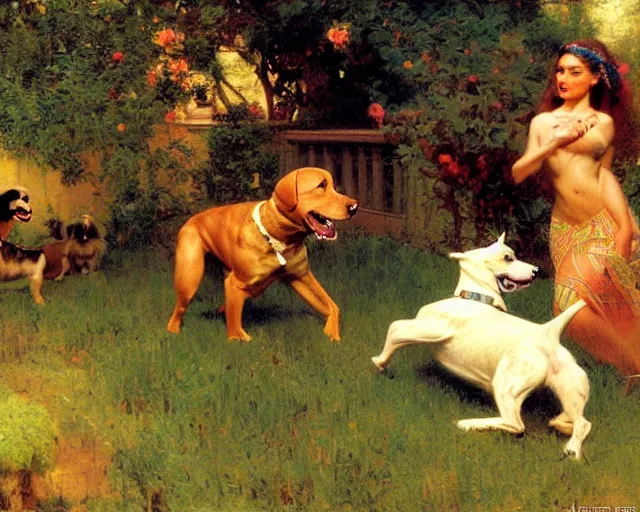 Prompt: dogs play in the backyard of a beautiful suburban home, 1 9 7 0 s sunrise painting by gaston bussiere, craig mullins, j. c. leyendecker