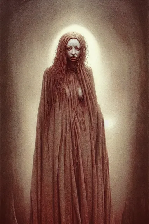 Prompt: full body portrait of christina hendricks, by zdzislaw beksinski, by dariusz zawadzki, by wayne barlowe, gothic, surrealism, cosmic horror, lovecraftian, cold hue's, warm tone gradient background, concept art, beautiful composition