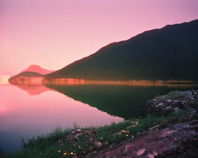 Prompt: sunset over the lake in the mountains, kodak portra 8 0 0