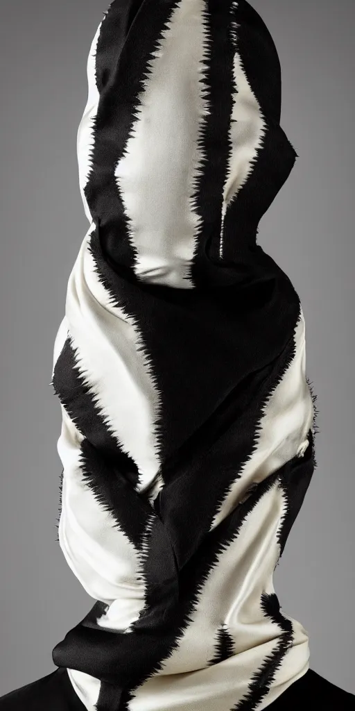 Prompt: ASYMMETRICAL ivory silk balaclava dip-dyed smooth gradient black and ivory with spiky black metal graphic, straitjacket straps and industrial hardware, designed by ann demeulemeester, junya watanabe, jun takahashi, and nancy grossman, 8k, hyperrealistic, desaturated