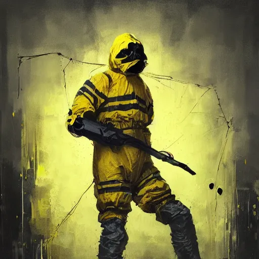 Image similar to a painting of a man in a yellow bio hazard suit holding a bucket and looking at mutant gigantic spider, poster art by jakub rozalski, trending on artstation, nuclear art, apocalypse art, dystopian art, poster art