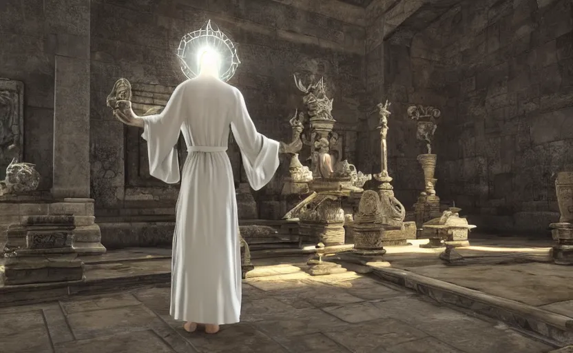 Image similar to A white priestess is conjuring a spell inside the ancient and mythical temple. Bronze statue, unreal engine