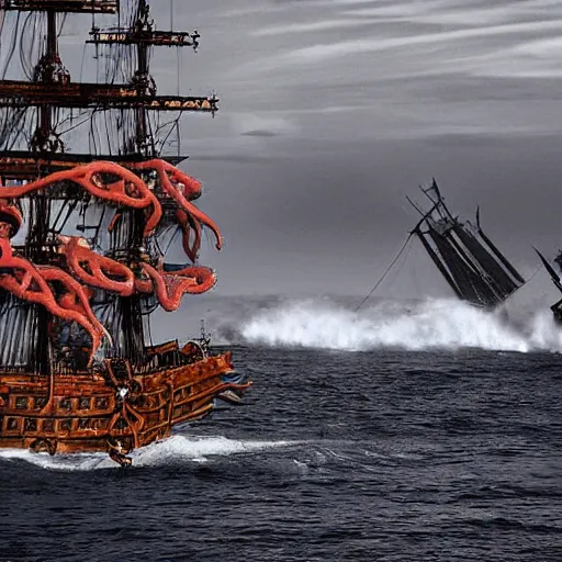 Prompt: an impossibly huge pirate ship, being attacked by a kraken, giant tentacles. 2010s photograph