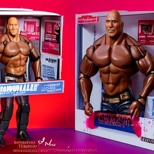 Image similar to Dwayne Johnson (The Rock) as a male barbie doll, Mattel, studio product photography, professional, detailed, f/8.0