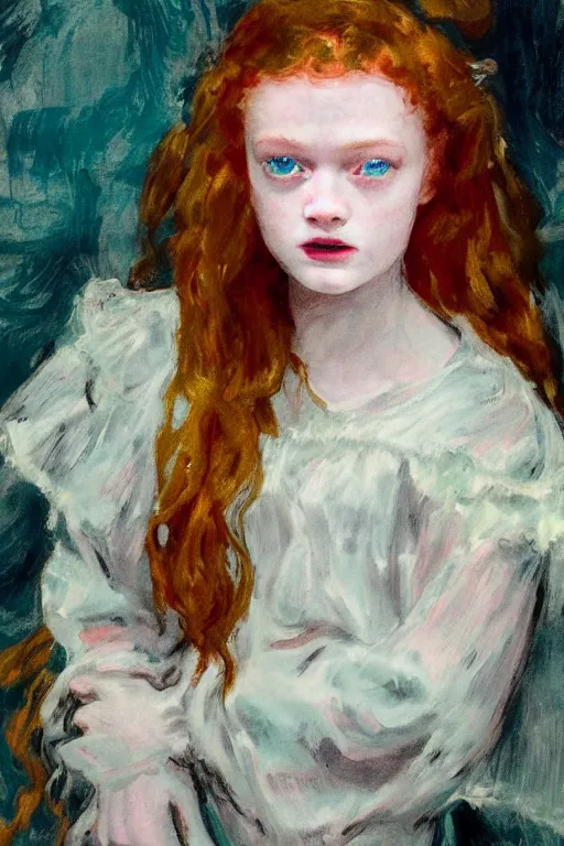 Image similar to portrait of sadie sink as delirium of the endless, the sandman by walter sickert, john singer sargent, and william open