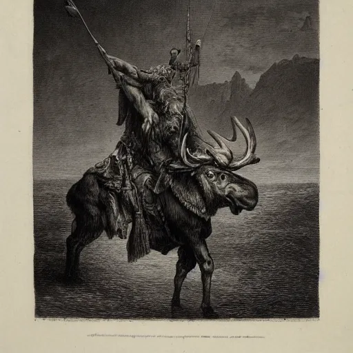 Prompt: anthropomorphic moose barbarian humanoid by gustave dore, pirate ship, sea, fantasy