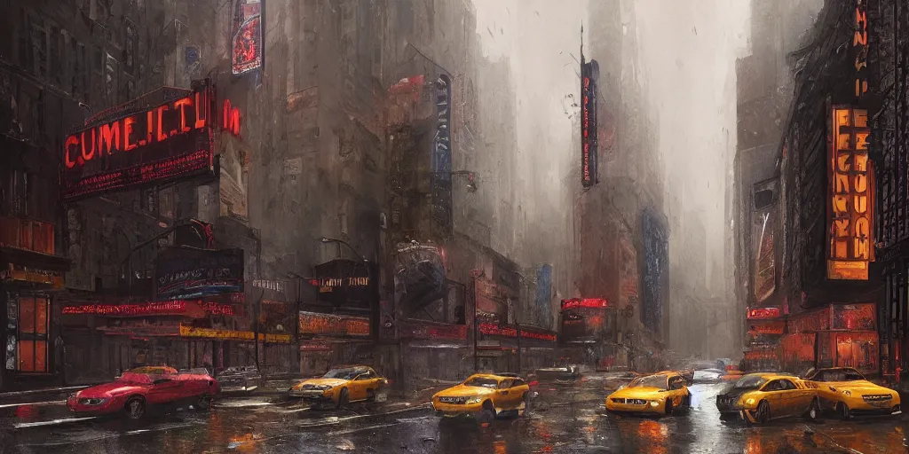 Image similar to an old cinema, new york, rainy day, matte painting, marc simonetti, artstation