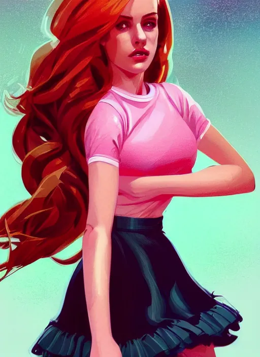 Image similar to full body portrait of teenage cheryl blossom, bangs, green eyes, sultry expression, red hair, sultry smirk, bangs and wavy hair, pink skirt, intricate, elegant, glowing lights, highly detailed, digital painting, artstation, concept art, smooth, sharp focus, illustration, art by wlop, mars ravelo and greg rutkowski