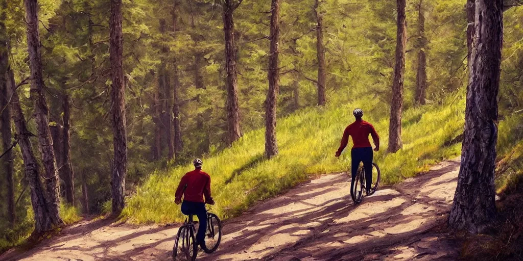 Image similar to Exact two men biking alone up a steep forest hill. One with a deep dark blue sweater and the other with a wine red sweater. sweaty. Oil painting. Emotional. Trending on artstation. Steep. Nordic Trees. Rustic. Artistic.