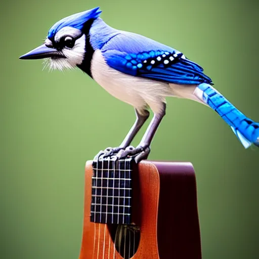 Prompt: bluejay standing on a guitar