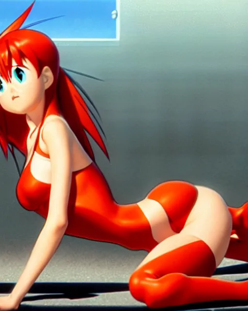 Image similar to pixar movie still photo of asuka langley soryu pleasuring herself, asuka from evangelion, by greg rutkowski, gil elvgren, enoch bolles, glossy skin, pearlescent, anime, maxim magazine, very coherent