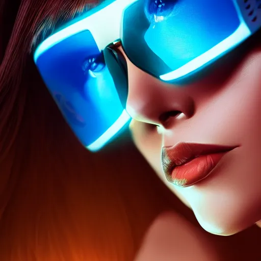 Image similar to closeup painting of a very beautiful young mexican cyberpunk woman with a smirk, wearing light blue shutter shades and a dark brown leather jacket, one side haircut, long brown hair with light blue ends, portrait, hyperdetailed, artstation, cgsociety, 8 k, synthwave by tangerine dream