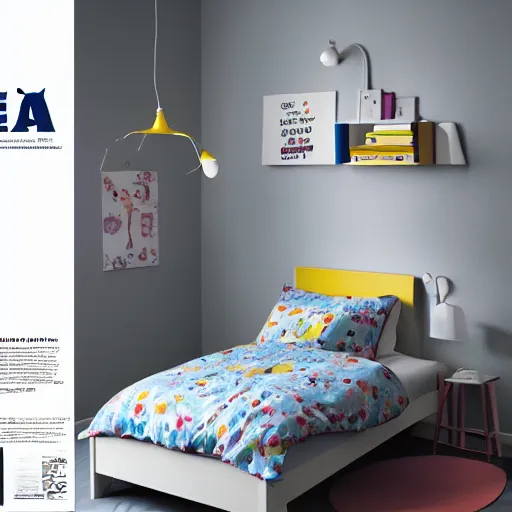 Prompt: IKEA catalogue, childrens bedroom, by Pixar