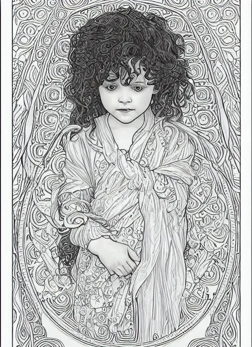 Prompt: clean simple line art of a little girl with wavy curly hair and a blank background. well composed, clean coloring book page, beautiful detailed face. coloring book line art by greg rutkowski and johanna basford and alphonse mucha