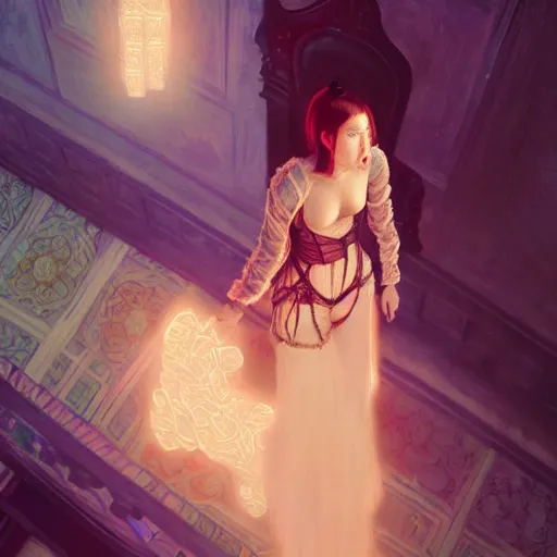 Image similar to feminine nicolas cage in seductive clothing by ross tran, walking in a castle painted by sana takeda, rtx reflections, very high intricate details, painting by van gogh, digital anime art, medium shot, mid - shot, composition by ilya kuvshinov, lighting by greg rutkowski