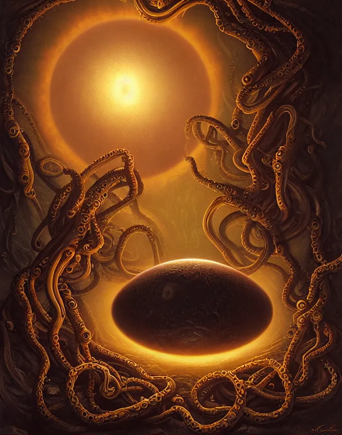 Prompt: a detailed digital art of an alien creature with multiple eyes and tentacles emerges from a glowing orb in the center of a dark, foreign landscape,by Albert Bierstadt, Yohann Schepacz and Laurel Burch,style of grim dark, Kai Fine Art, chiaroscuro, dark academia, copper patina,detailed, ornate, maximalist, 8k, cinematic, compositing, post processing, award winning art,artstationHQ,artstationHD dream Ivgeni Zarubinski as batman