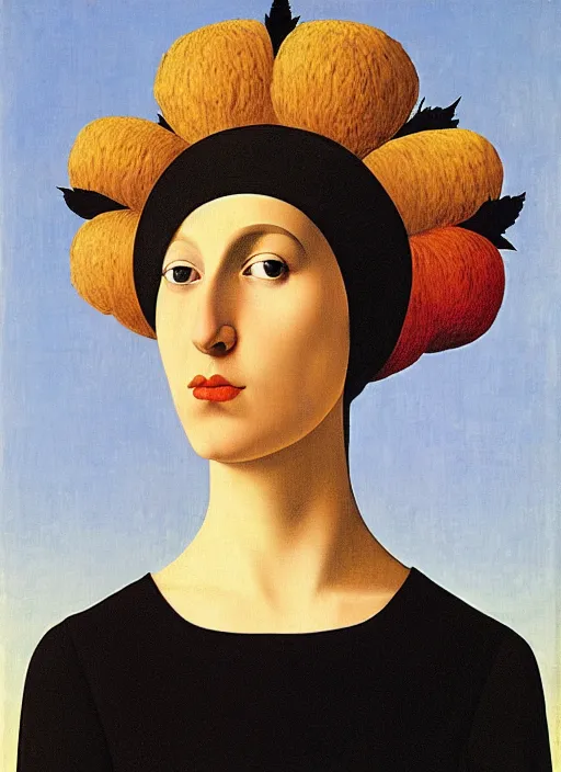 Image similar to portrait of young woman in renaissance dress and renaissance headdress, art by rene magritte