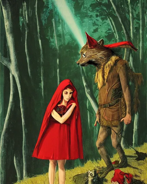 Prompt: red riding hood meeting the big bad wolf after straying from the path, 1 9 7 0 s, seventies, wallpaper, delicate embellishments, painterly, offset printing technique, by brom, robert henri, walter popp