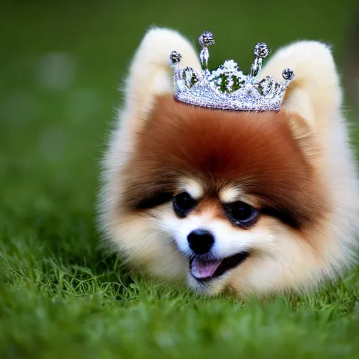 Prompt: photo of a pomeranian wearing a crown