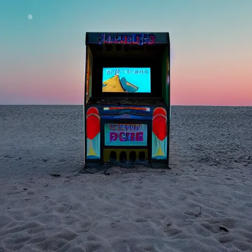 Image similar to an abandoned arcade machine on the beach at night. photograph in the style of simon stalenhag