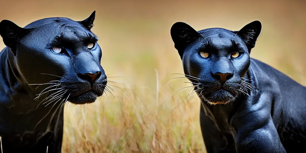 Image similar to a panther, made of smooth black goo, viscous, sticky, full of tar, covered with black goo, posing for a portrait. photography, dslr, color, savanna, wildlife photography, black goo, award winning portrait, animal portrait