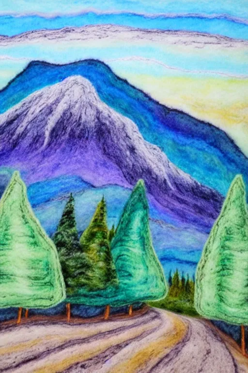 Prompt: fantastic mountain landscape, pastel colors, huge trees, dry felting, watercolors