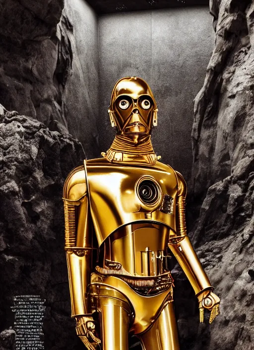 Prompt: dwayne johnson as c 3 po styled by nick knight posing in an expensive mansion setting, vogue magazine, highly realistic. high resolution. highly detailed. dramatic. 8 k. 4 k.