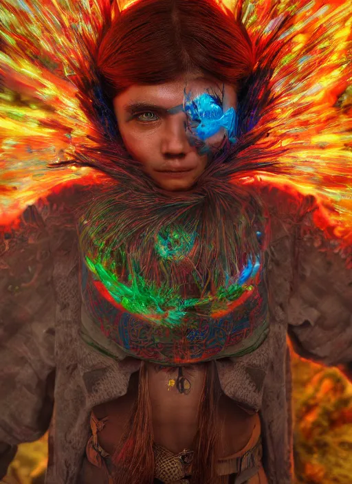 Prompt: An epic fantasy comic book style portrait painting of a wild- eyed shaman tripping on Ayahuasca, Shipibo textile patterns made of lasers, fisheye lens, unreal 5, DAZ, hyperrealistic, octane render, cosplay, RPG portrait, dynamic lighting