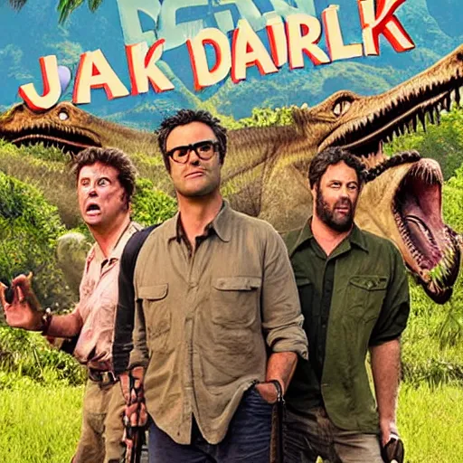 Prompt: Jurassic park satire starring Taika Waititi and jemaine clement movie poster