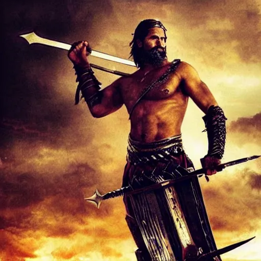 Image similar to “Leónidas king from 300 Spartans zack Snyder battle with spear epic dark background artwork intricate”