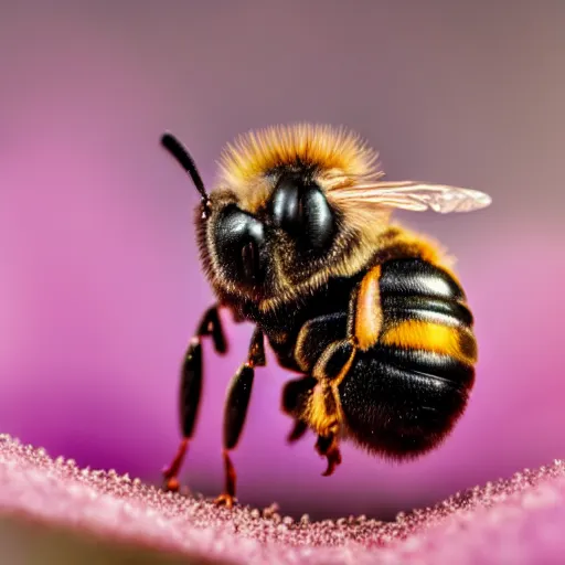 Image similar to macro photography of a bee landing on the dog's pollen covered nose. bokeh. contest winning photography. 8 k. hyper - realistic