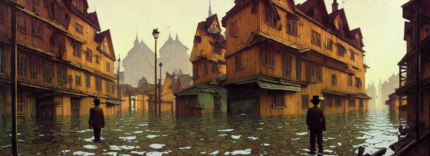 Prompt: flooded old wooden city street, very coherent and colorful high contrast masterpiece by norman rockwell rene magritte simon stalenhag carl spitzweg jim burns, full - length view, dark shadows, sunny day, hard lighting, reference sheet white background